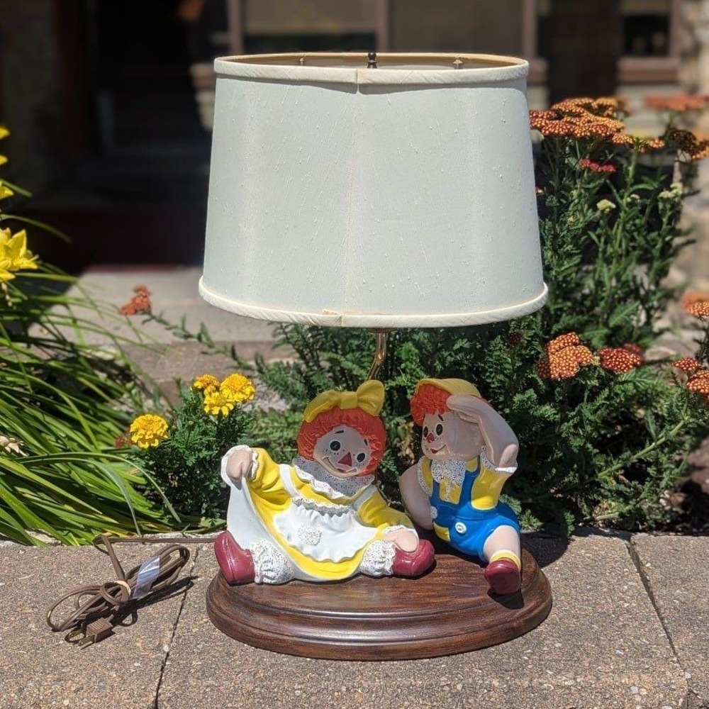 Vintage Cottagecore Nursery Retro Kitsch Raggedy Ann & Andy Retro Ceramic Lamp